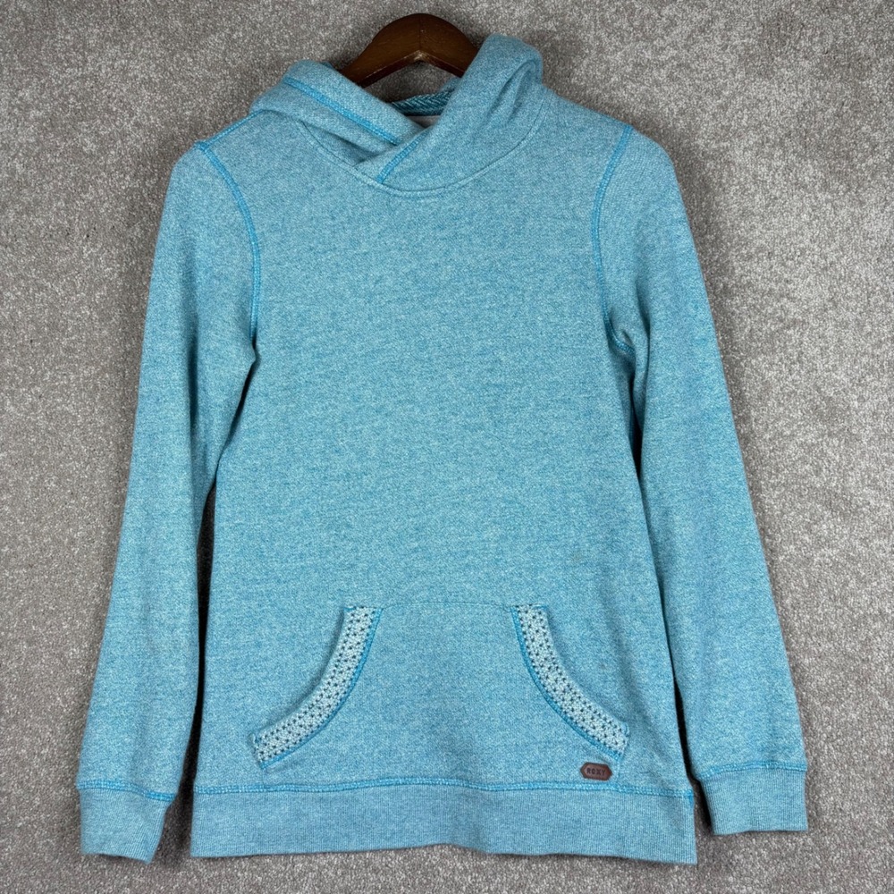 Roxy Womens Turquoise Heather Knit Crossover Hooded Pullover Sweatshirt Medium